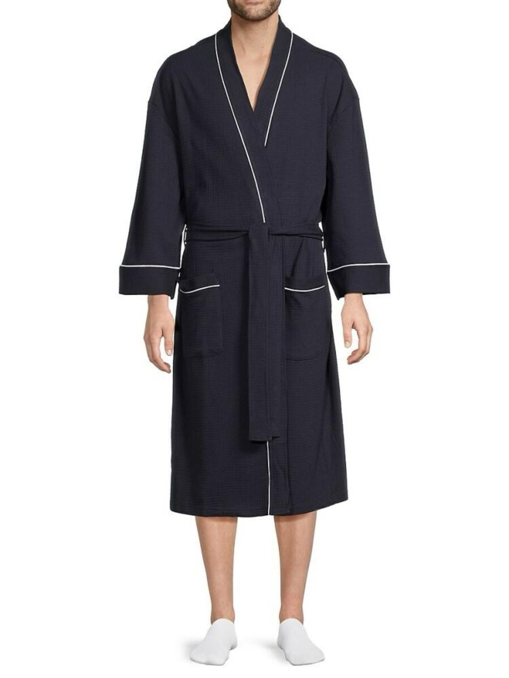 NWT Saks Fifth Avenue Men’s Blue Cotton Loungewear Shawl Robe White Piping